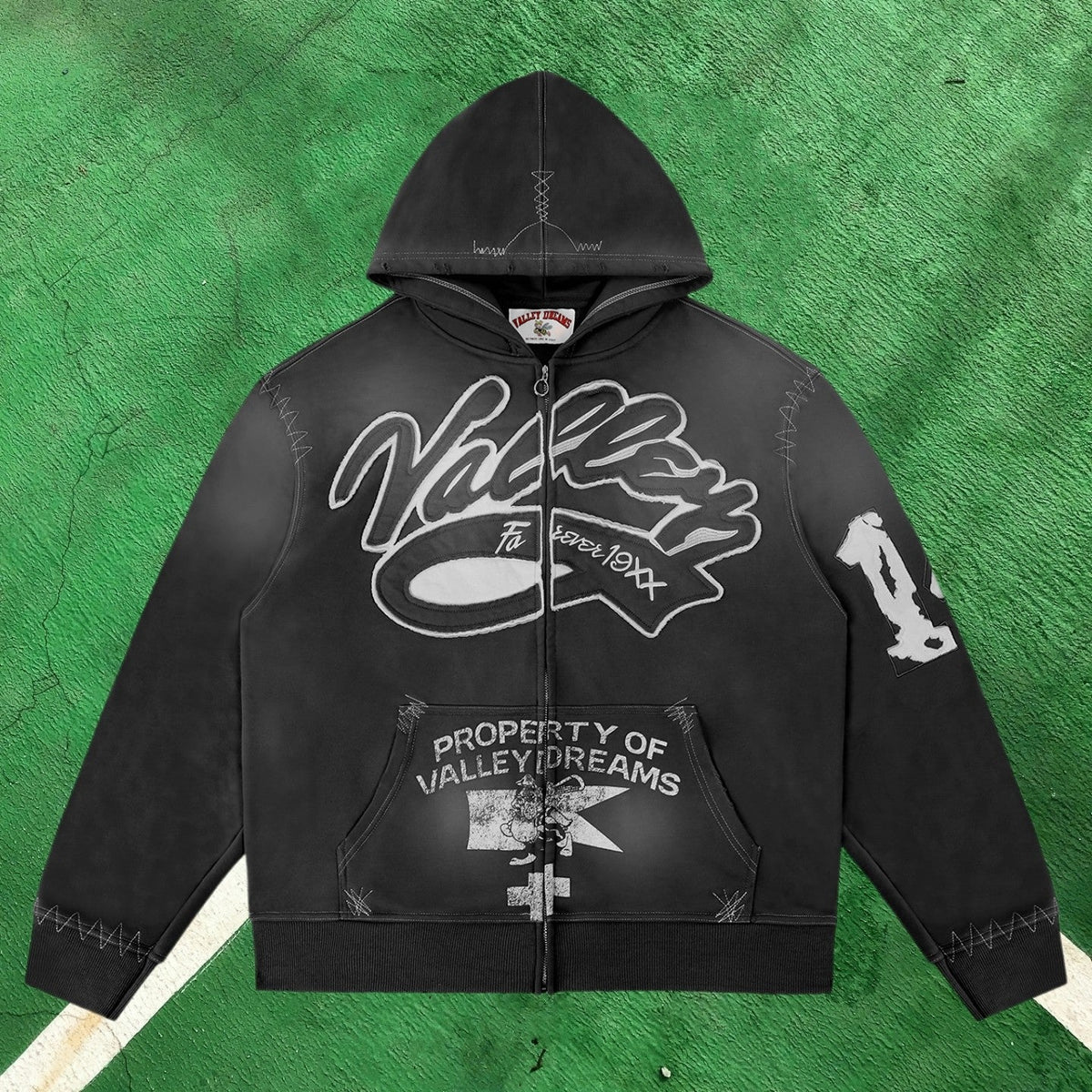 Vale Forever Contrast Stitch Full-Zip Hoodie (Washed Black / Property of Vale Forever)